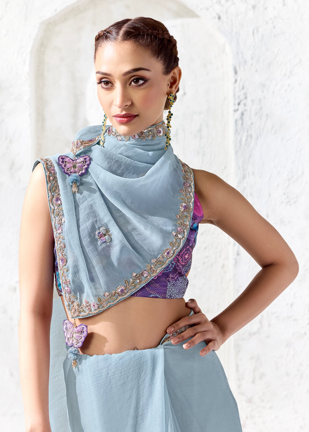Slate Blue Designer Organza Silk Saree With Printed Blouse