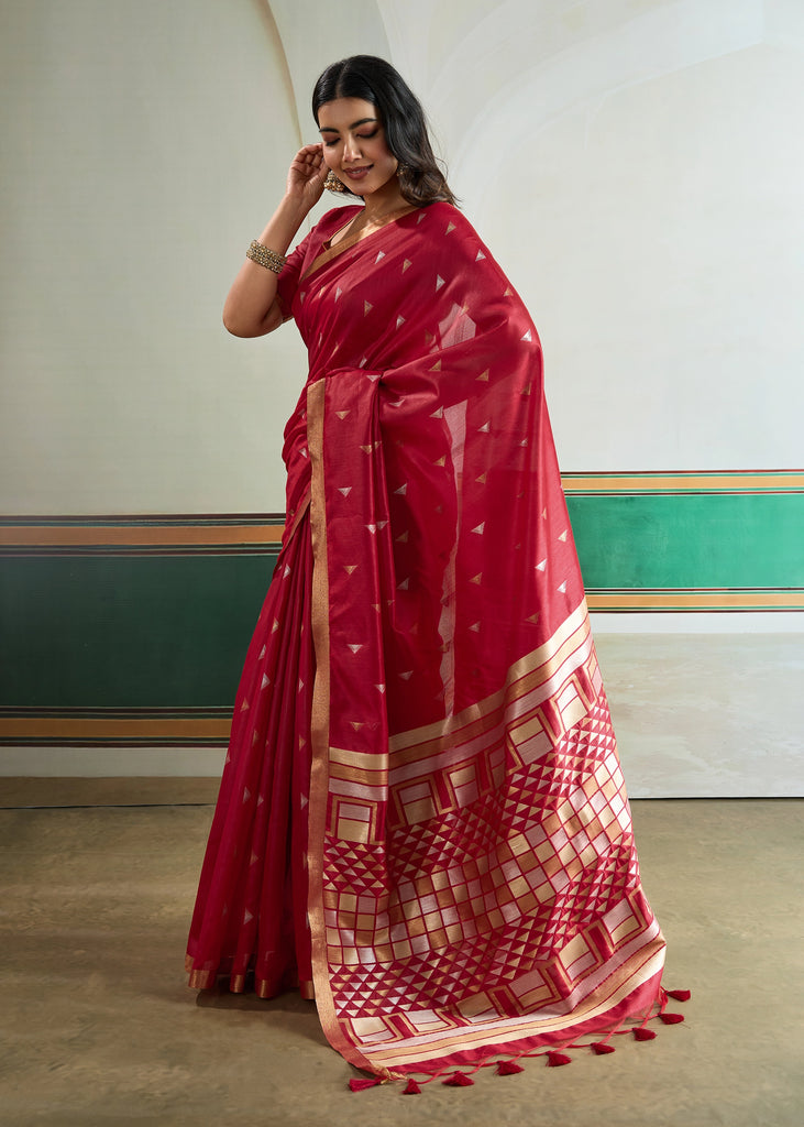 Flame Red Woven Tussar Silk Saree