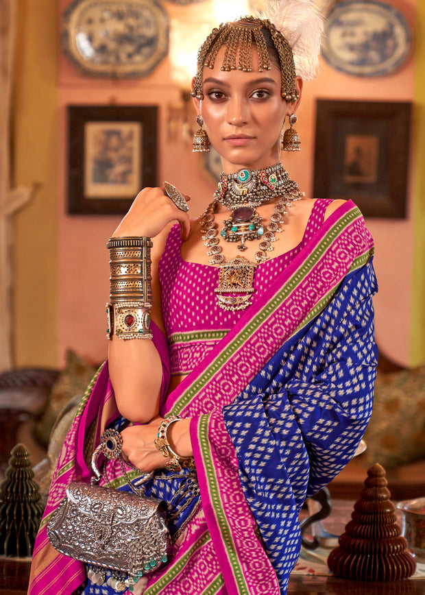 Natural Blue Printed Patola Silk Saree
