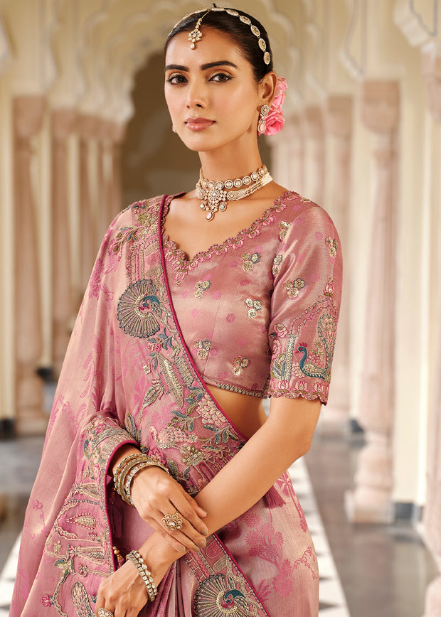 Pastel Pink Designer Embroidered Silk Saree