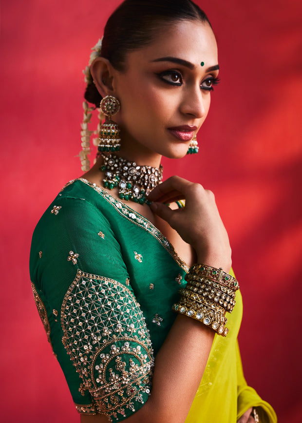 Lime Green Embroidered Soft Silk Saree With Contrast Blouse