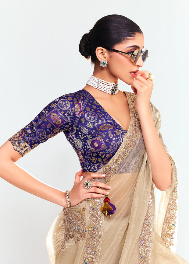 Silver Beige Designer Embroidered Tissue Saree