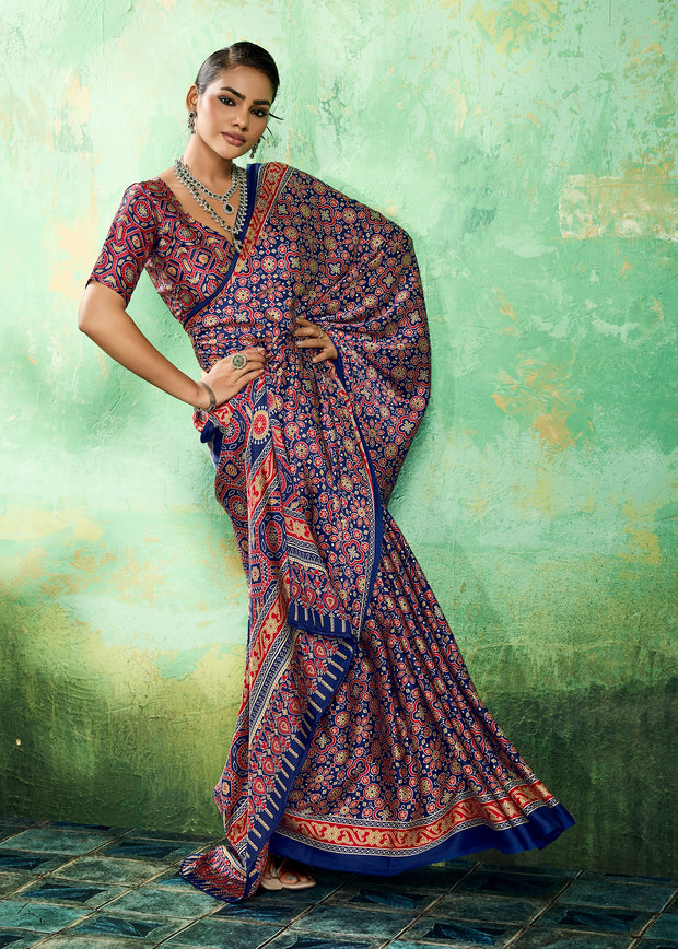Blue Printed Satin Silk Saree