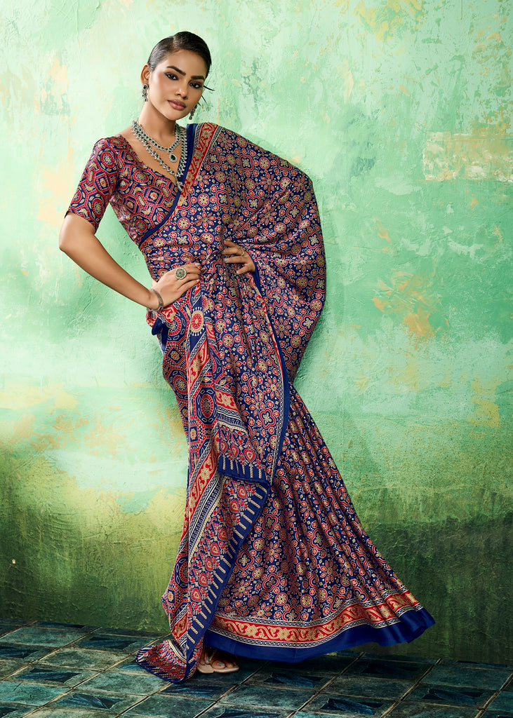 Blue Printed Satin Silk Saree