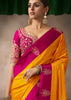 “Exclusive Offer” : Saffron Yellow & Pink Woven Banarasi Satin Silk Saree