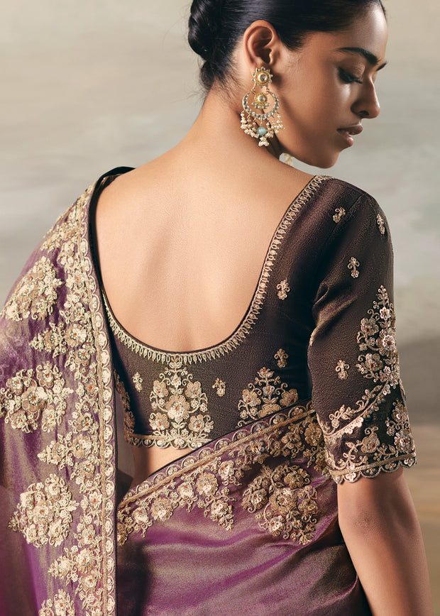 Purple & Brown Tissue Embroidered Wedding Wear Saree