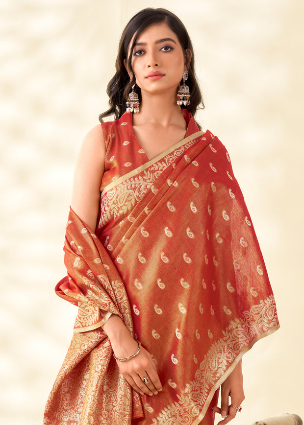 Rust Orange Woven Linen Tissue Silk Saree