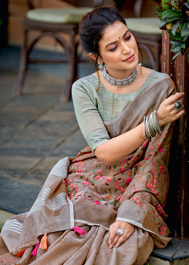 Light Brown Woven Linen Silk Saree