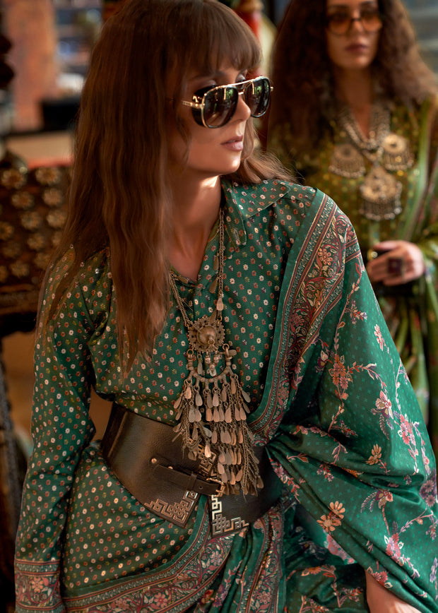Hunter Green Printed Soft Silk Saree