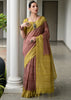 Dusty Mauve & Yellow Printed Tussar SIlk Saree