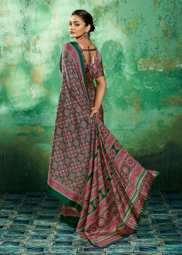 Green And Pink Printed Satin Silk Saree