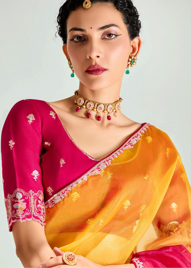 Yellow Red Ombre Tissue Designer Tissue Saree With Embroidered Blouse