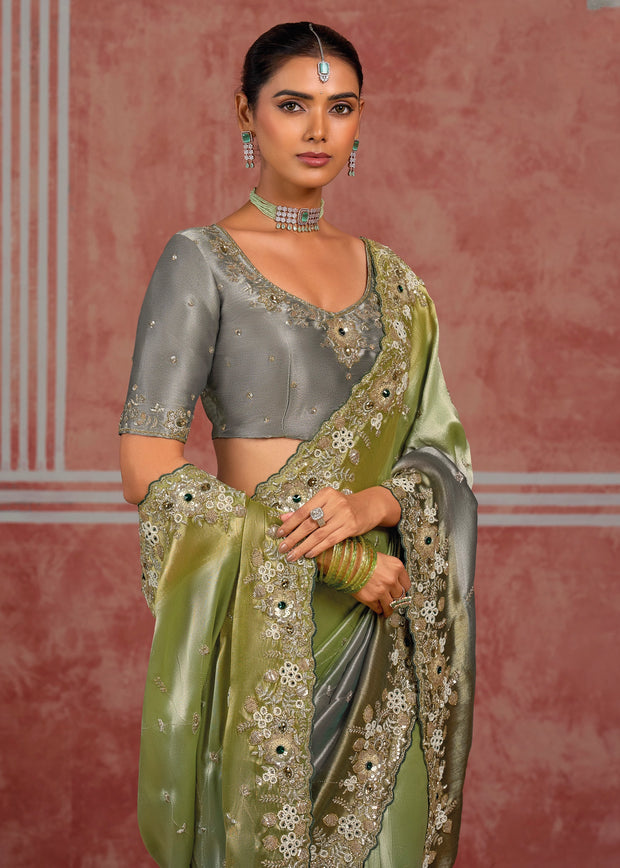Grey and Green Embroidered Designer Saree