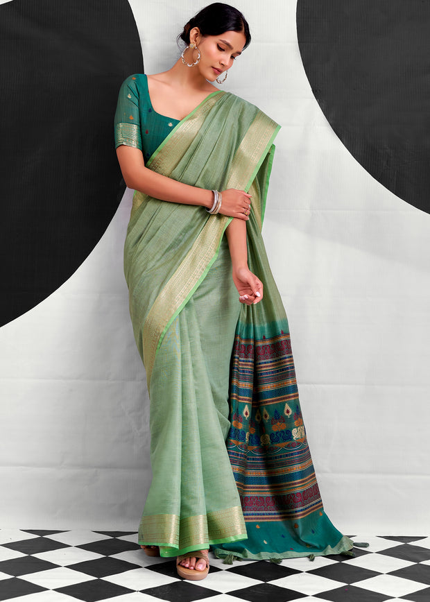 Mist Green Woven Linen Cotton Silk Saree