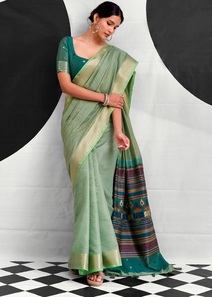 Mist Green Woven Linen Cotton Silk Saree