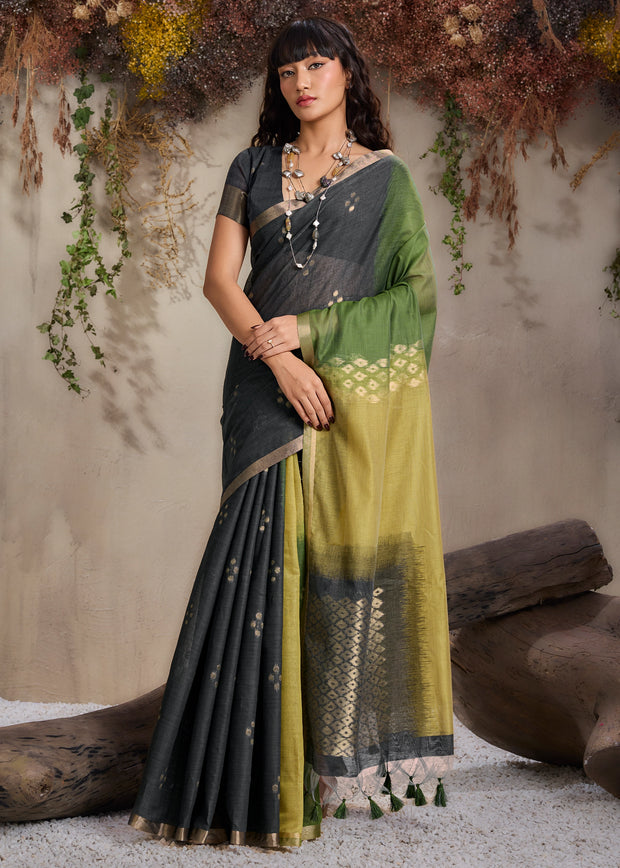 Black And Green Woven Cotton Silk Saree
