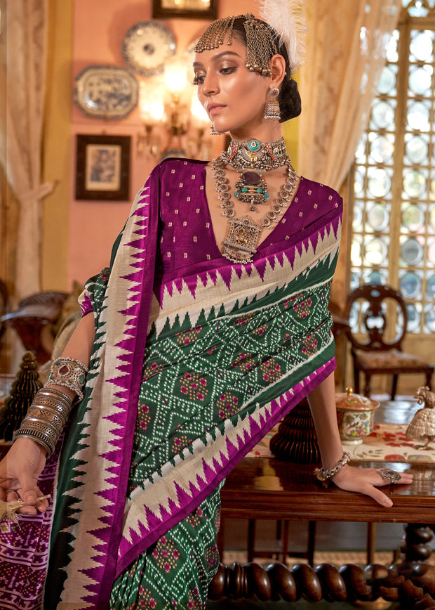 Hunter Green Printed Patola Silk Saree