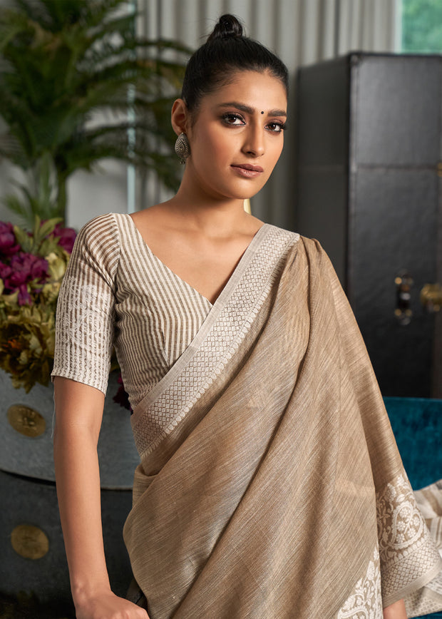 Olive Beige Woven Linen Silk Saree