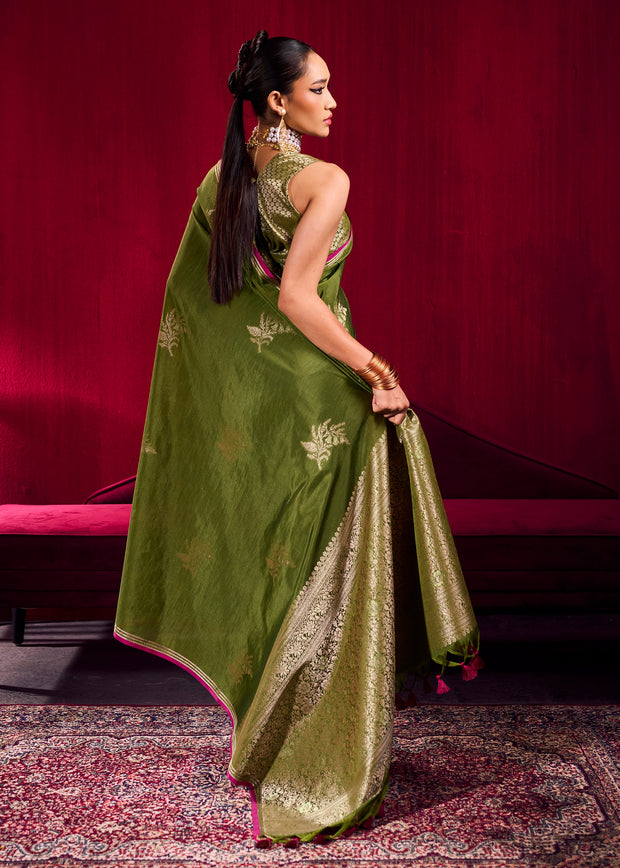 Heena Green Woven Banarasi Satin Linen Silk Saree