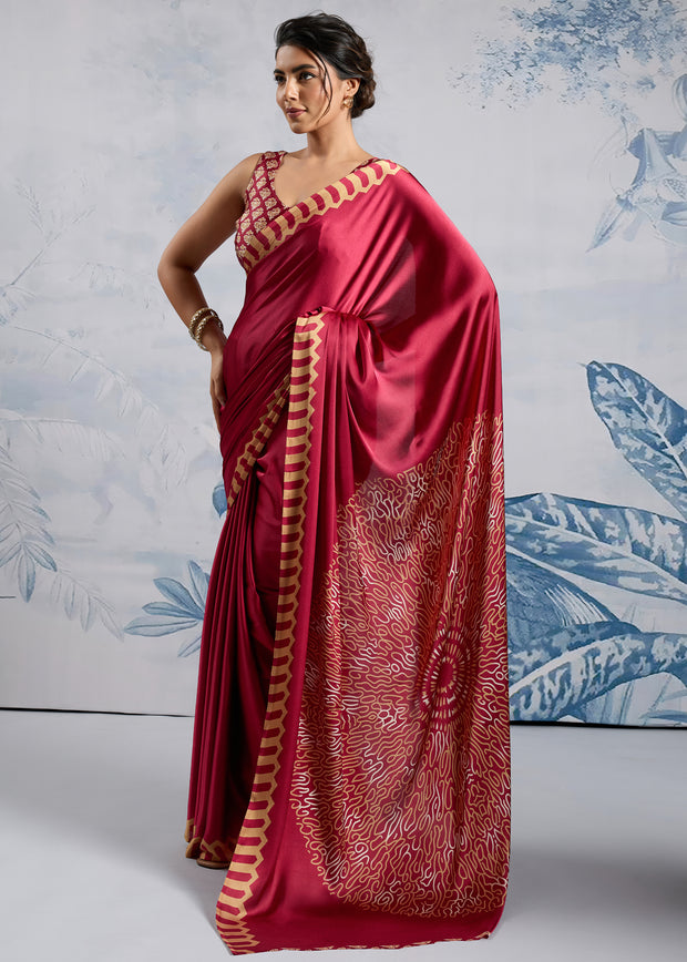 Persian Red Satin Silk Saree with Ajrakh Printed Pallu and Blouse