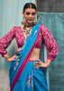 Ocean Blue Satin Crepe Printed Silk Saree
