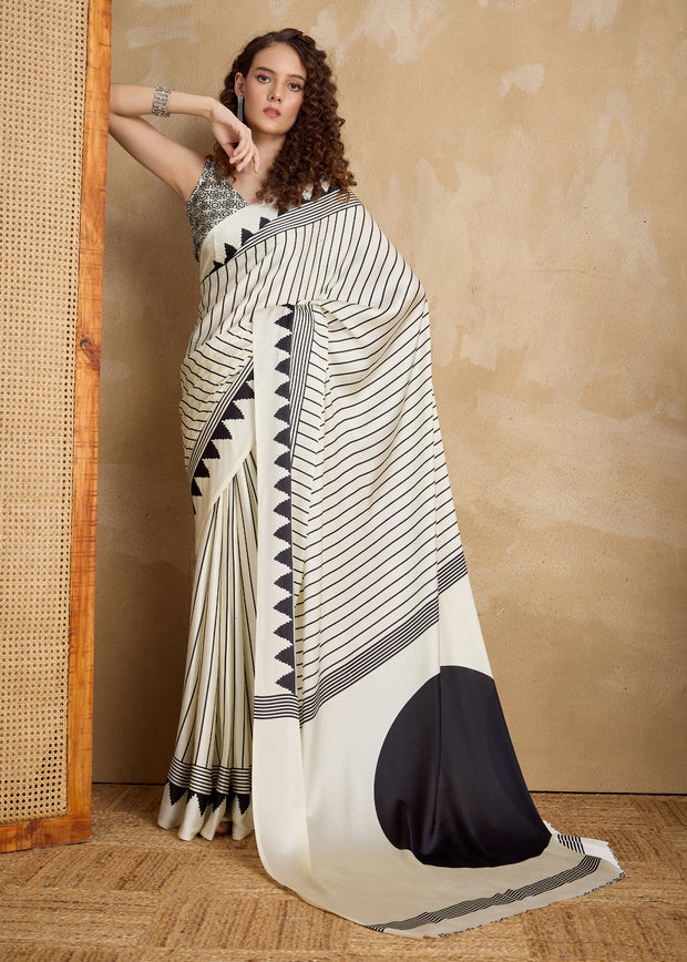 Black And White Printed Satin Silk Saree