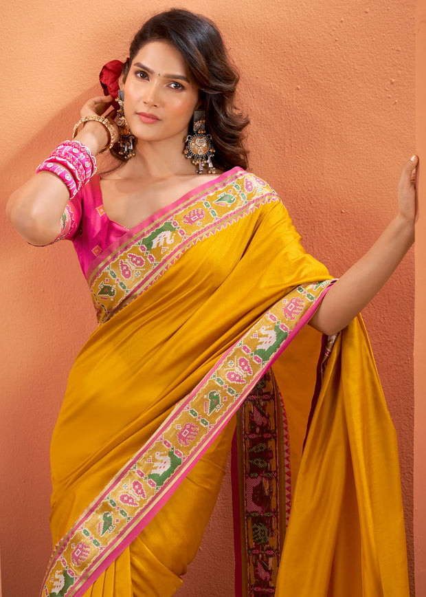 Mustard Yellow Woven Banarasi Patola Silk Saree