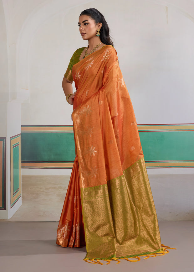 Bright Orange Woven Tussar Silk Saree