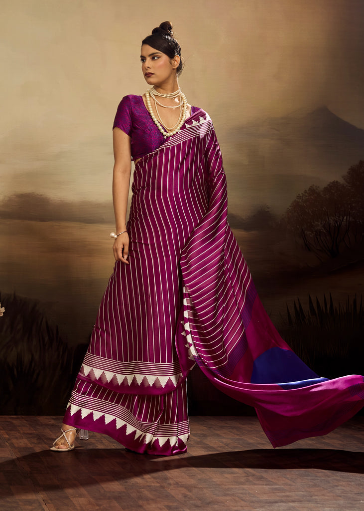 Dahlia Purple Printed Satin Silk Saree