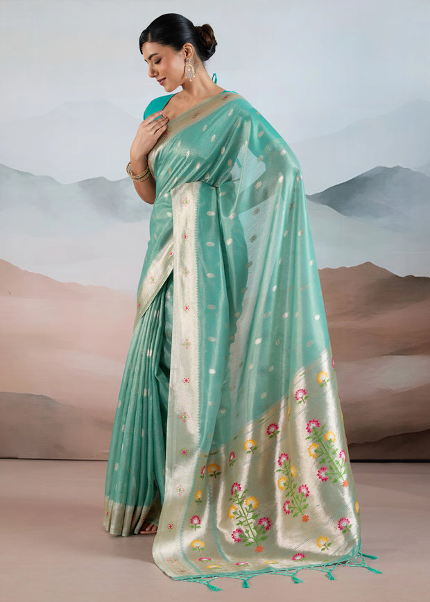 Ocean Green Woven Banarasi Tissue Silk Saree