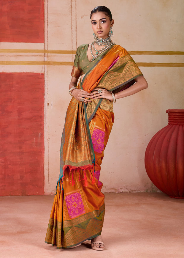 Russet Orange Dual Tone Bronze Zari Woven Banarasi Silk Saree