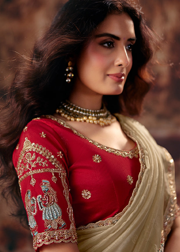 Beige Designer Organza Saree With Embroidered Blouse