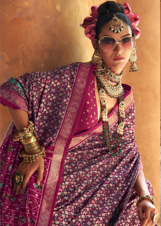 Wine Purple Printed Patola Silk Saree