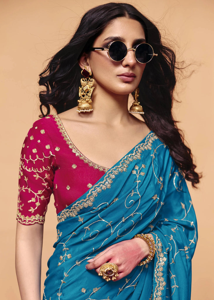 Heritage Blue Embroidered Designer Tissue Saree
