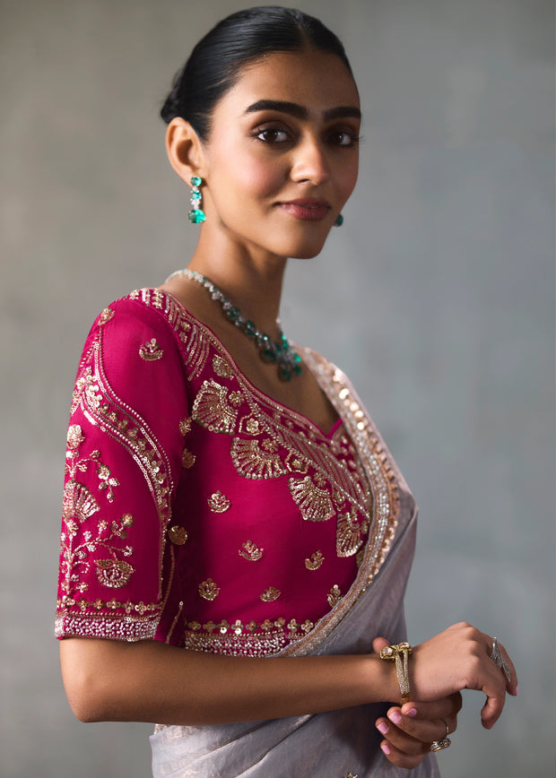 Lavender Embroidered Silk Saree With Heavy Blouse