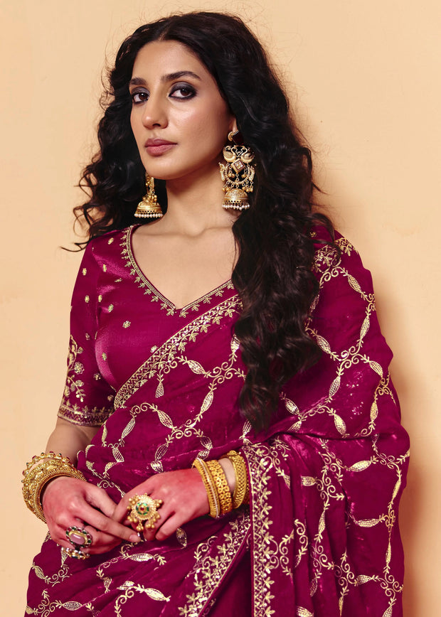 Sangria Red Embroidered Designer Tissue Saree