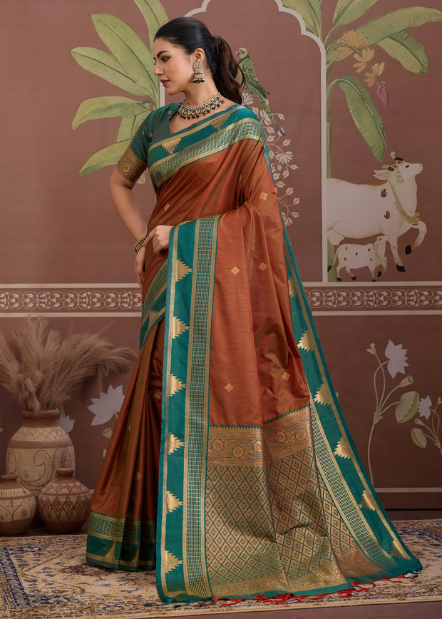 Rust Brown Woven Tussar Silk Saree
