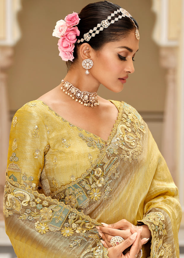 Yellow Designer Embroidered Silk Saree