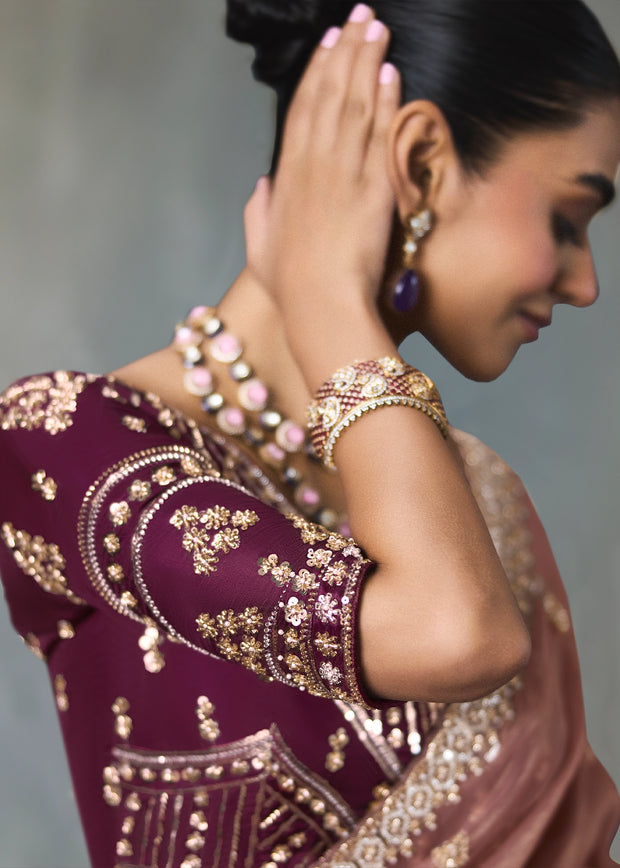 Mauve Embroidered Silk Saree With Heavy Blouse