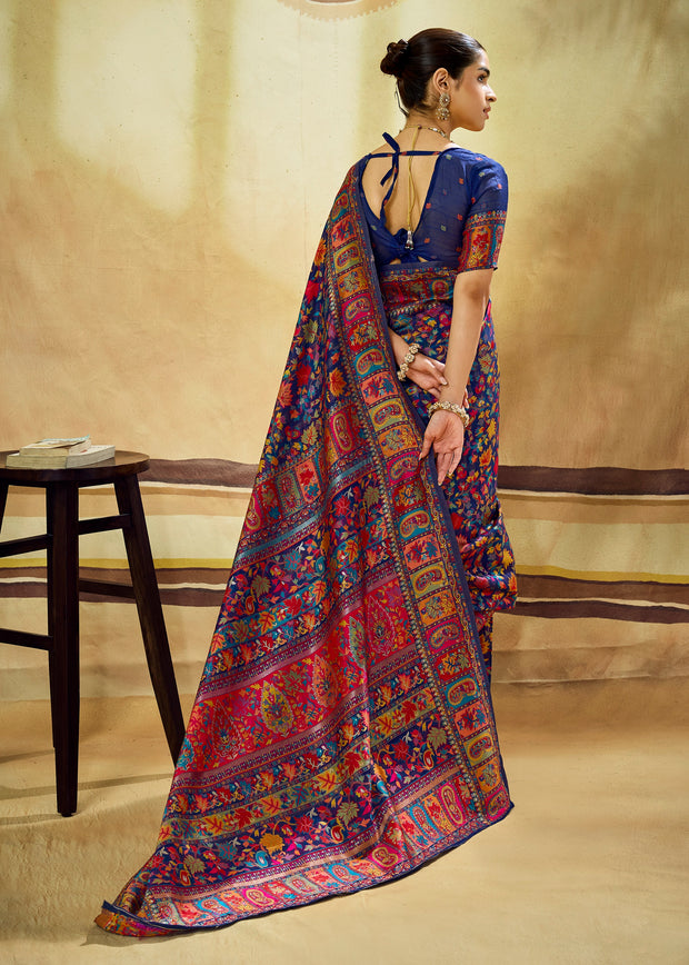 Navy Blue Woven Cotton Kashmiri Jamewar Saree