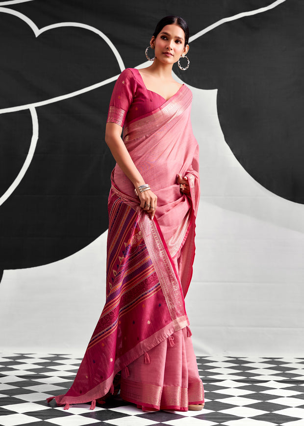 Flamingo Pink Woven Linen Cotton Silk Saree