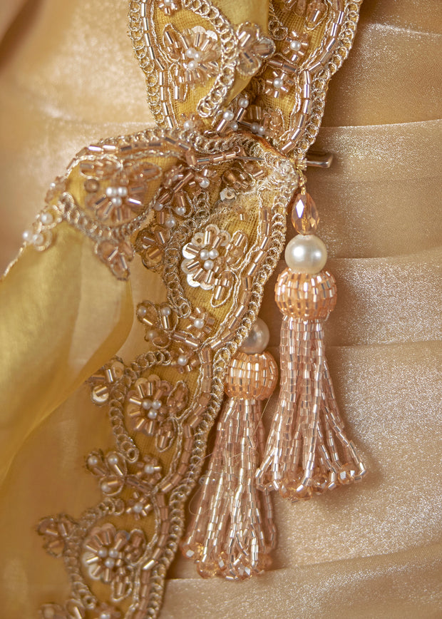 Golden Beige Designer Satin Silk Saree With Embroidered Blouse