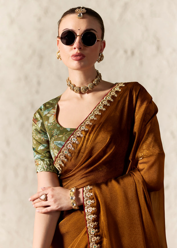 Copper Brown Designer Organza Tissue Silk Saree With Printed Blouse