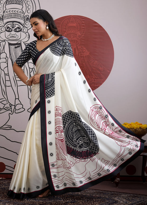 Black and White Printed Satin Silk Saree