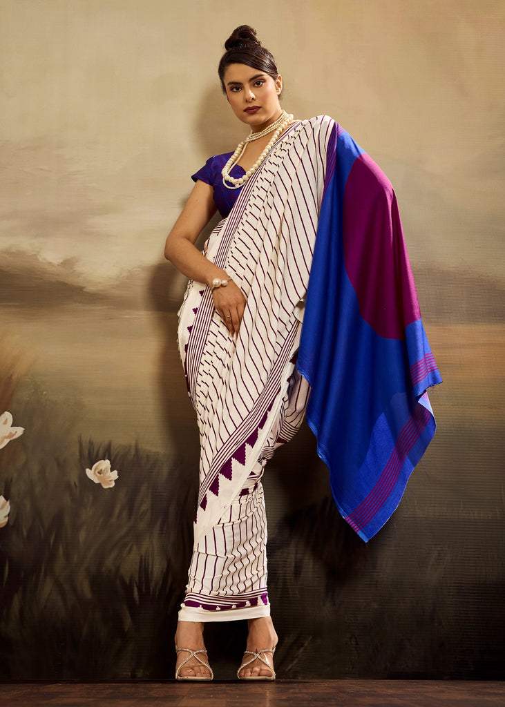 Off white Printed Satin Silk Saree