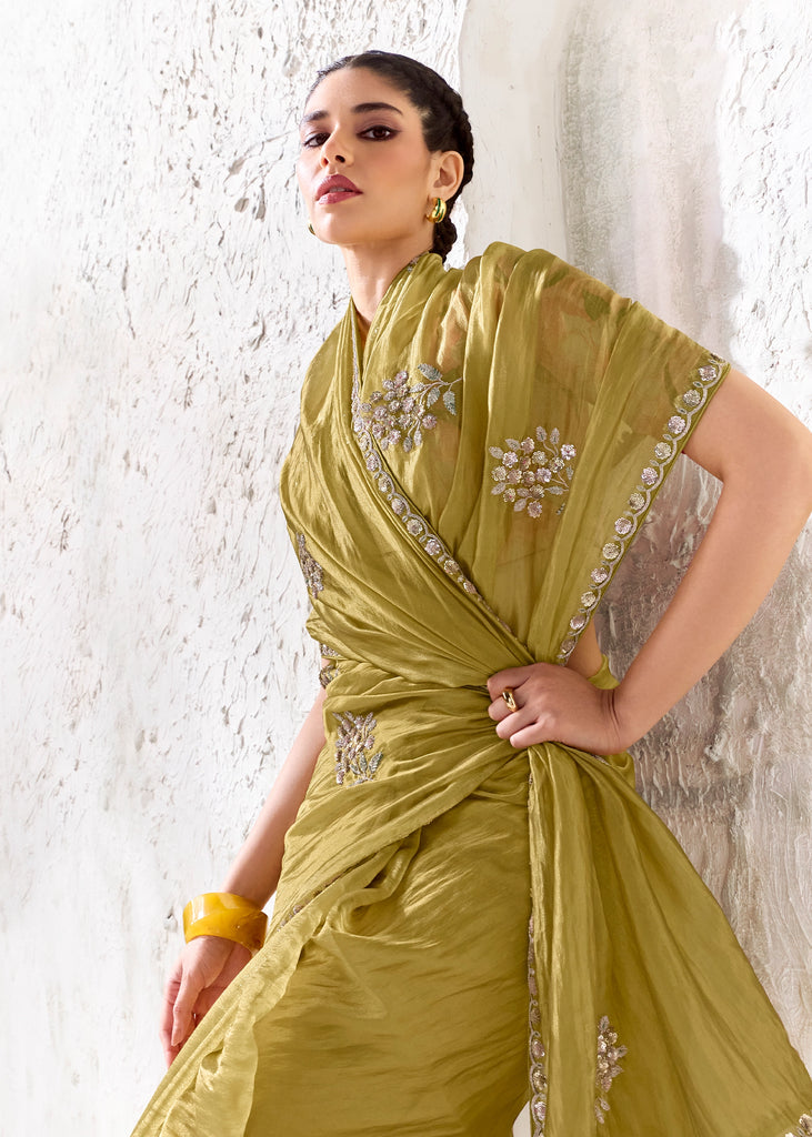 Golden Green Designer Organza Silk Saree With Printed Blouse