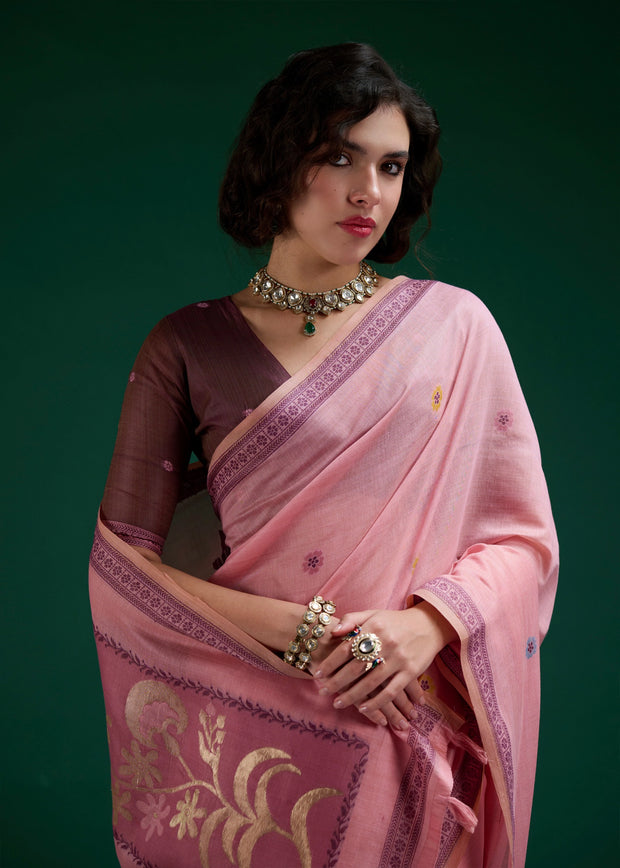 Pink Woven Cotton Jamdani Saree