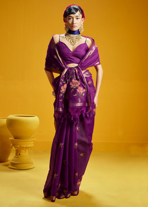 Magenta Purple Woven Munga Cotton Silk Saree