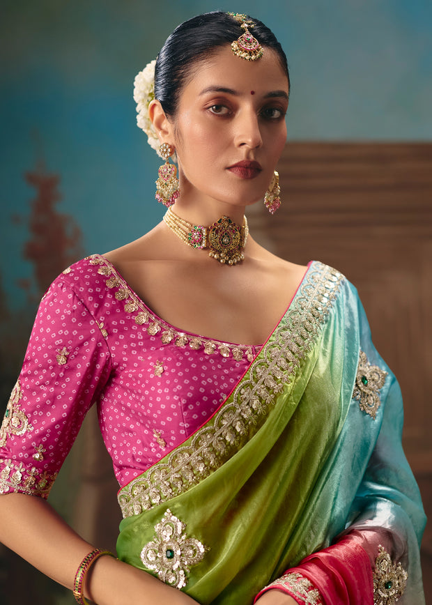 Green Pink Ombre Embroidered Designer Saree
