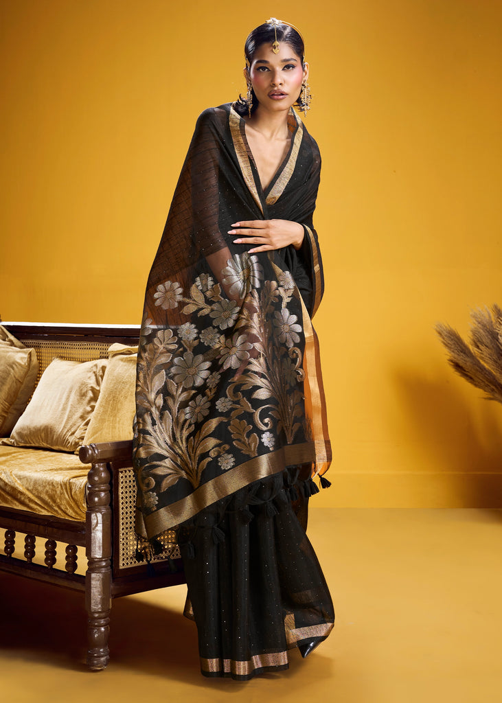 Jet Black Woven Cotton Silk Saree